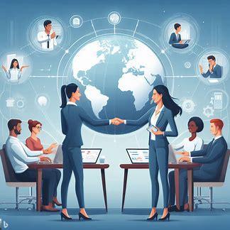 A scene with a business team shaking hands with remote workers across the globe, signifying access to specialized skills, cost-effectiveness, and global collaboration in outsourcing..