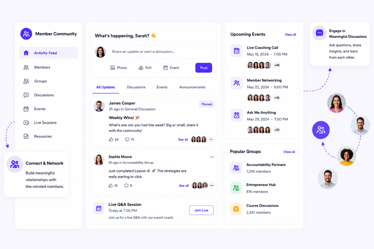Community membership dashboard with activity feeds, discussions, networking groups, and live member events. 